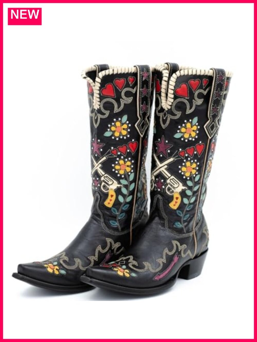 Handmade Floral Embroidered Cowgirl Boots Chunky Low Heel Western Knee High